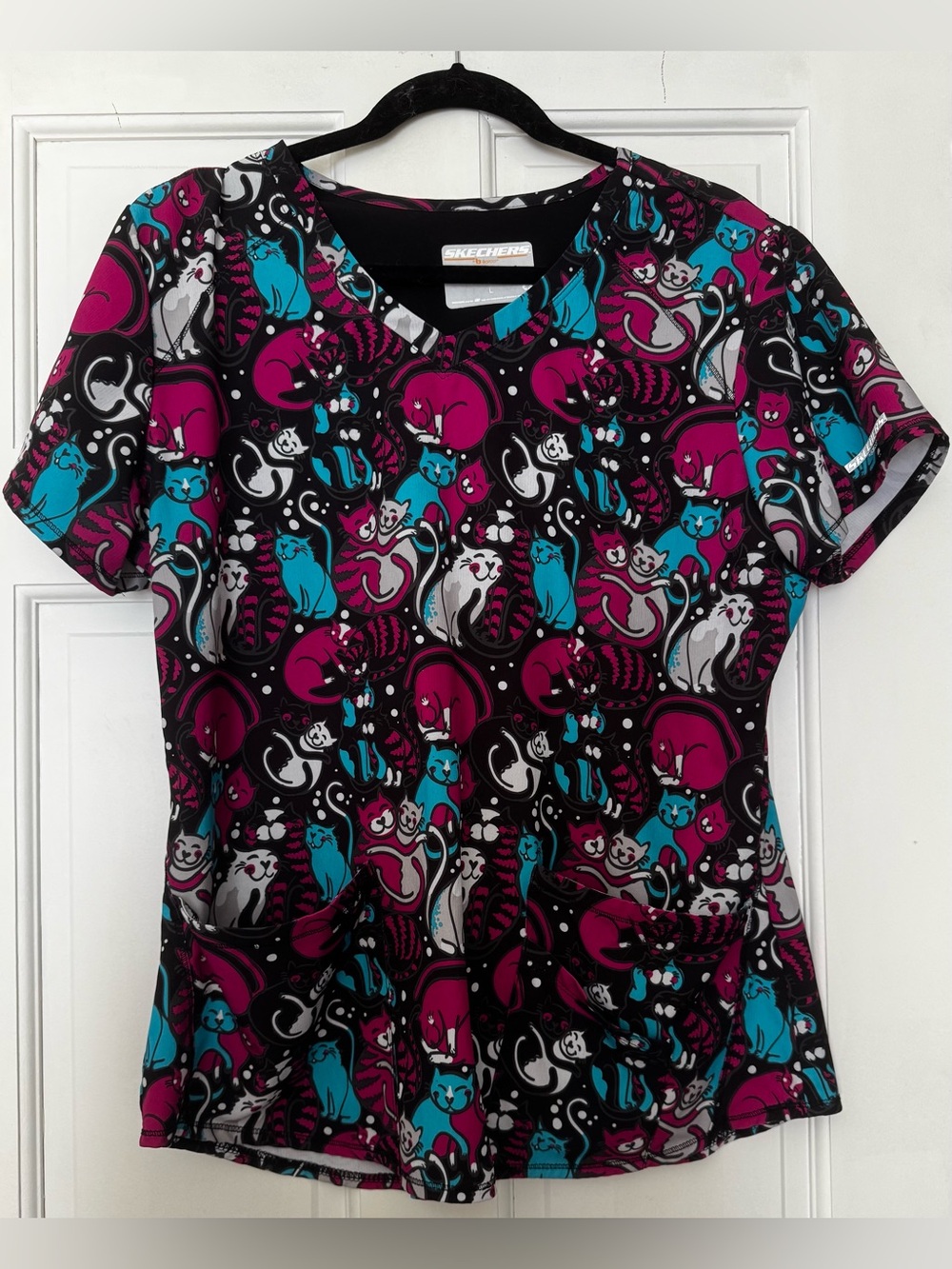 Skechers pink and teal cat print scrub top
